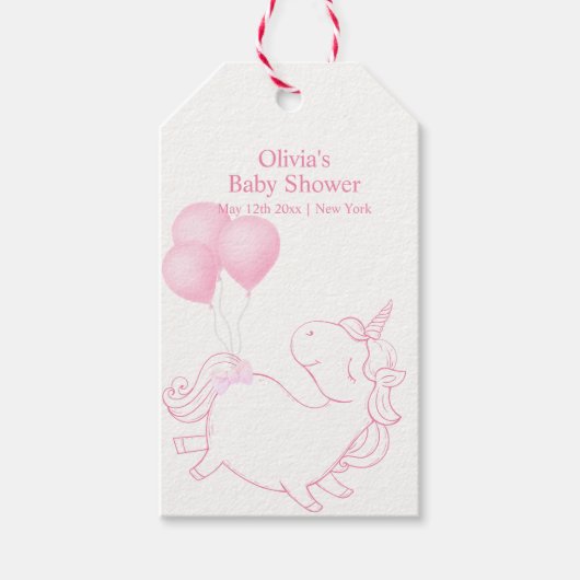 ピンクかわいいバルーンユニコーン赤ちゃんシャワー ギフトタグ (正面)