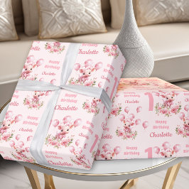 ピンクかわいいピギーピンクファームガール1st誕生日 ラッピングペーパー