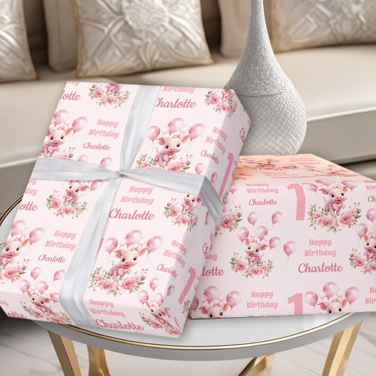 ピンクかわいいピギーピンクファームガール1st誕生日 ラッピングペーパー