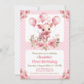 ピンクかわいいピギーファームをテーマにしたコーディネート少女1st誕生日 招待状 (正面)