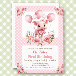 ピンクかわいいピギーファームをテーマにしたコーディネート少女1st誕生日 招待状