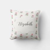 ピンクかわいいフクロウの水彩模様モノグラムの クッション (正面)