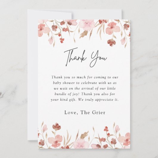 ピンクかわいいフローラ赤ちゃんシャワー サンキューカード (正面)