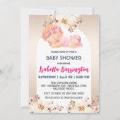 ピンクかわいいベビーガールバラ花ベビーシャワー子供 招待状 (正面)