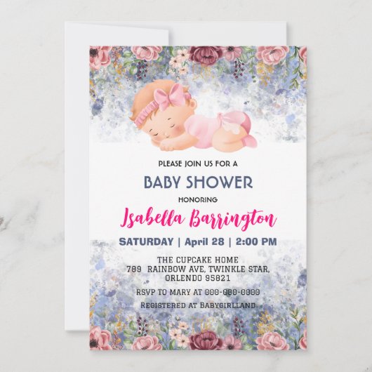 ピンクかわいいベビーガールバラ花ベビーシャワー子供 招待状 (正面)