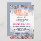 ピンクかわいいベビーガールバラ花ベビーシャワー子供 招待状 (正面/裏面)