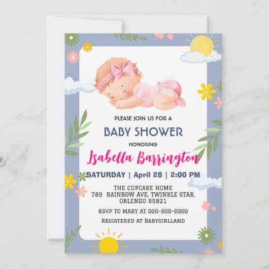 ピンクかわいいベビーガール夏の花ベビーシャワー子供 招待状 (正面)