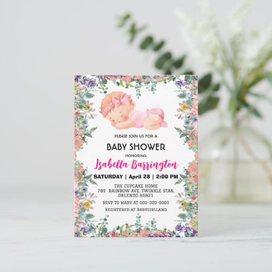 ピンクかわいいベビーガール花ベビーシャワー子供 ポストカード (スタンド正面)