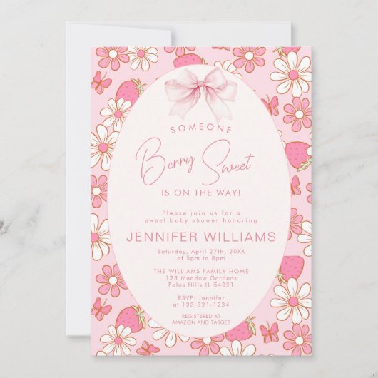 ピンクかわいいベリースイートストロベリーベビーガールシャワー 招待状 (正面)