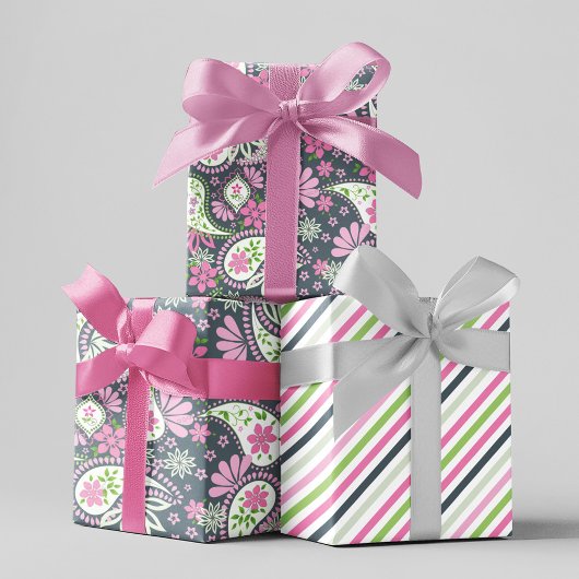 ピンクかわいいペイズリープリントパタモダンーン ラッピングペーパーシート