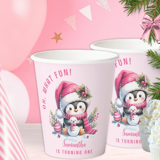 ピンクかわいいペンギンのクリスマスガール1st誕生日 紙コップ