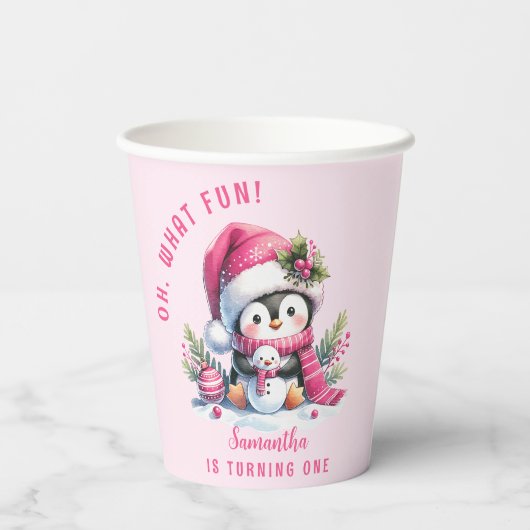 ピンクかわいいペンギンのクリスマスガール1st誕生日 紙コップ (裏面)