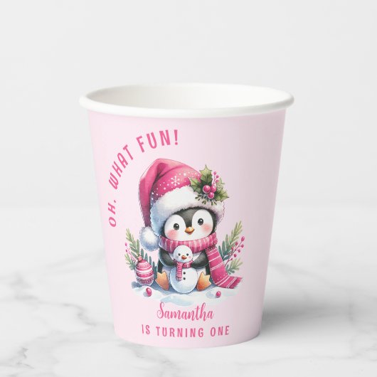 ピンクかわいいペンギンのクリスマスガール1st誕生日 紙コップ (正面)
