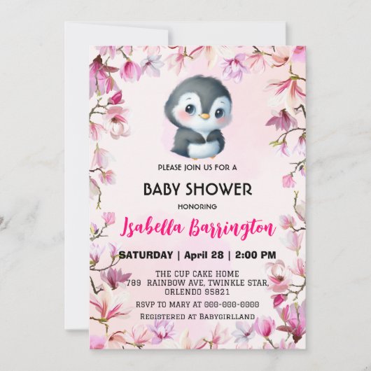 ピンクかわいいペンギン甘い花の赤ちゃんシャワーの子供 招待状 (正面)