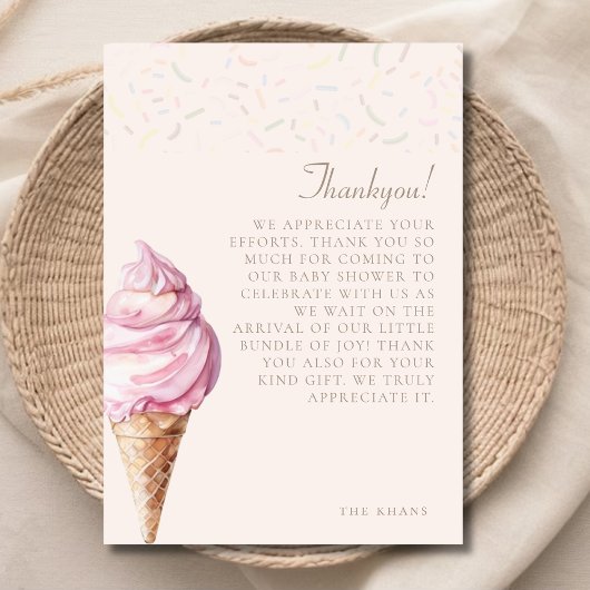 ピンクかわいいミニマル水色アイスクリームベビーシャワー サンキューカード