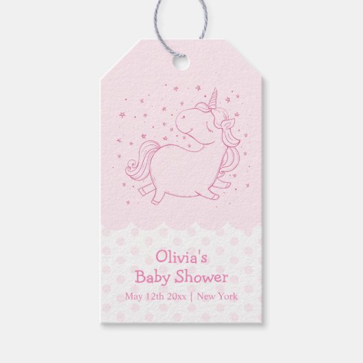 ピンクかわいいモダン水玉模様ユニコーン赤ちゃん ギフトタグ (正面)