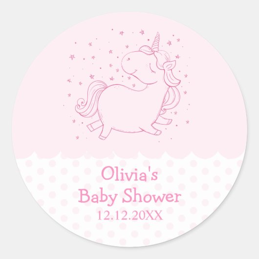 ピンクかわいいモダン水玉模様ユニコーン赤ちゃん ラウンドシール (正面)