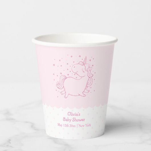 ピンクかわいいモダン水玉模様ユニコーン赤ちゃん 紙コップ (正面)