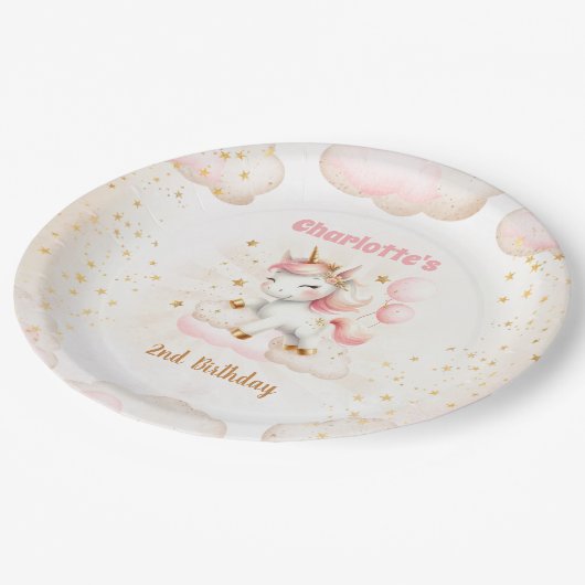 ピンクかわいいユニコーンガール誕生日 ペーパープレート (アングル)