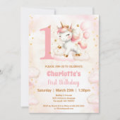 ピンクかわいいユニコーンガール1st誕生日招待状 招待状 (正面)