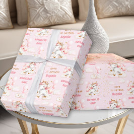 ピンクかわいいユニコーン女の子1st誕生日の名前 ラッピングペーパー