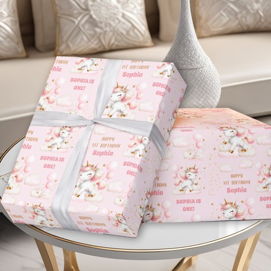 ピンクかわいいユニコーン女の子1st誕生日の名前 ラッピングペーパー