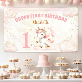 ピンクかわいいユニコーン女の子1st誕生日パーティーバナー 横断幕
