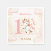 ピンクかわいいユニコーン女の子1st誕生日紙ナプキンス スタンダードカクテルナプキン (正面)