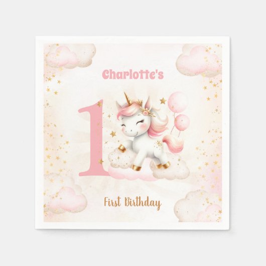 ピンクかわいいユニコーン女の子1st誕生日紙ナプキンス スタンダードカクテルナプキン (正面)