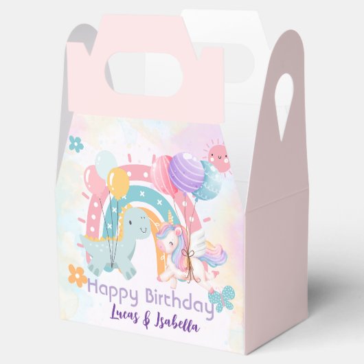ピンクかわいいユニコーン恐竜の虹の誕生日パーティー フェイバーボックス (オープン)