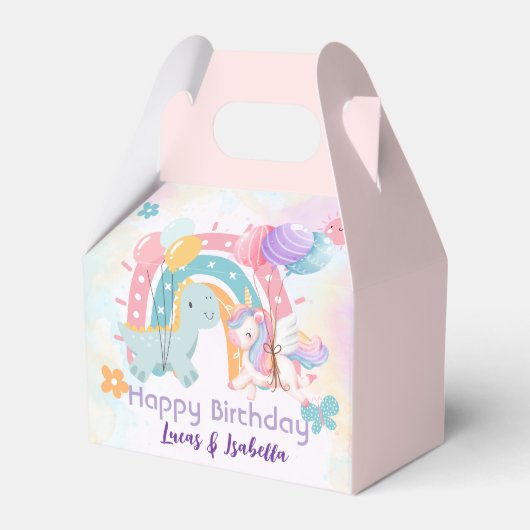 ピンクかわいいユニコーン恐竜の虹の誕生日パーティー フェイバーボックス (正面サイド)