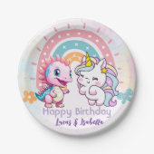 ピンクかわいいユニコーン恐竜の虹の誕生日パーティー ペーパープレート (正面)
