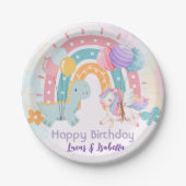ピンクかわいいユニコーン恐竜の虹の誕生日パーティー ペーパープレート (正面)