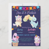 ピンクかわいいユニコーン恐竜の虹の誕生日パーティー 招待状 (正面)