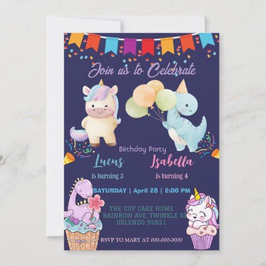 ピンクかわいいユニコーン恐竜の虹の誕生日パーティー 招待状 (正面)