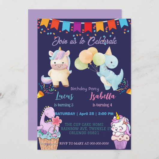 ピンクかわいいユニコーン恐竜の虹の誕生日パーティー 招待状 (正面/裏面)