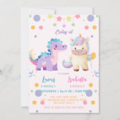 ピンクかわいいユニコーン恐竜の虹の誕生日パーティー 招待状 (正面)