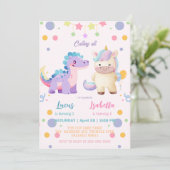 ピンクかわいいユニコーン恐竜の虹の誕生日パーティー 招待状 (スタンド正面)