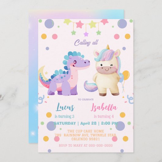 ピンクかわいいユニコーン恐竜の虹の誕生日パーティー 招待状 (正面/裏面)
