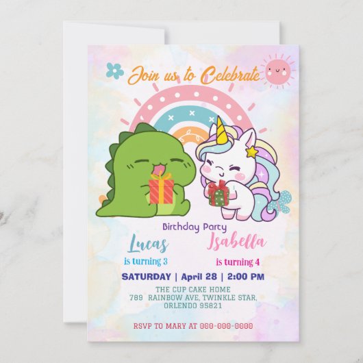 ピンクかわいいユニコーン恐竜の虹の誕生日パーティー 招待状 (正面)