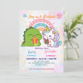ピンクかわいいユニコーン恐竜の虹の誕生日パーティー 招待状 (スタンド正面)