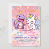 ピンクかわいいユニコーン恐竜の虹の誕生日パーティー 招待状 (正面)