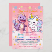 ピンクかわいいユニコーン恐竜の虹の誕生日パーティー 招待状 (正面/裏面)
