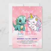 ピンクかわいいユニコーン恐竜の虹の誕生日パーティー 招待状 (正面)