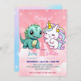 ピンクかわいいユニコーン恐竜の虹の誕生日パーティー 招待状