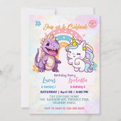 ピンクかわいいユニコーン恐竜の虹の誕生日パーティー 招待状 (正面)