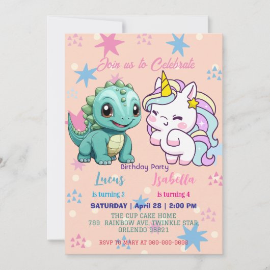 ピンクかわいいユニコーン恐竜の虹の誕生日パーティー 招待状 (正面)
