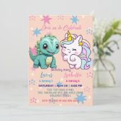 ピンクかわいいユニコーン恐竜の虹の誕生日パーティー 招待状 (スタンド正面)