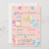 ピンクかわいいユニコーン恐竜の虹の誕生日パーティー 招待状 (正面)