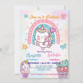 ピンクかわいいユニコーン恐竜の虹の誕生日パーティー 招待状 (正面)